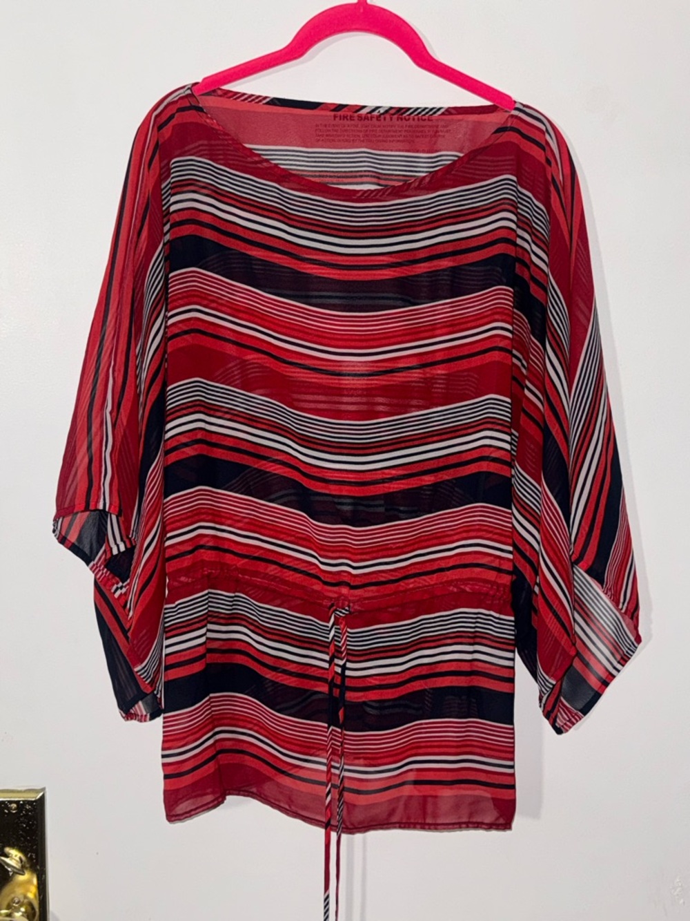 Red Stripe Sheer Batwing Cinch Waist Blouse